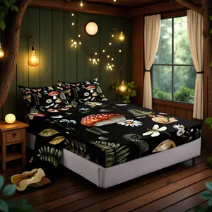 Watercolor Muhsroom Bed Sheets 4 Pcs Retro Hippie Daisy Wild Dragonfly Sheets Set for Teens Adults Outdoor Leaves Flowers Natural Moth Bedding Set with Flat,Fitted Sheet