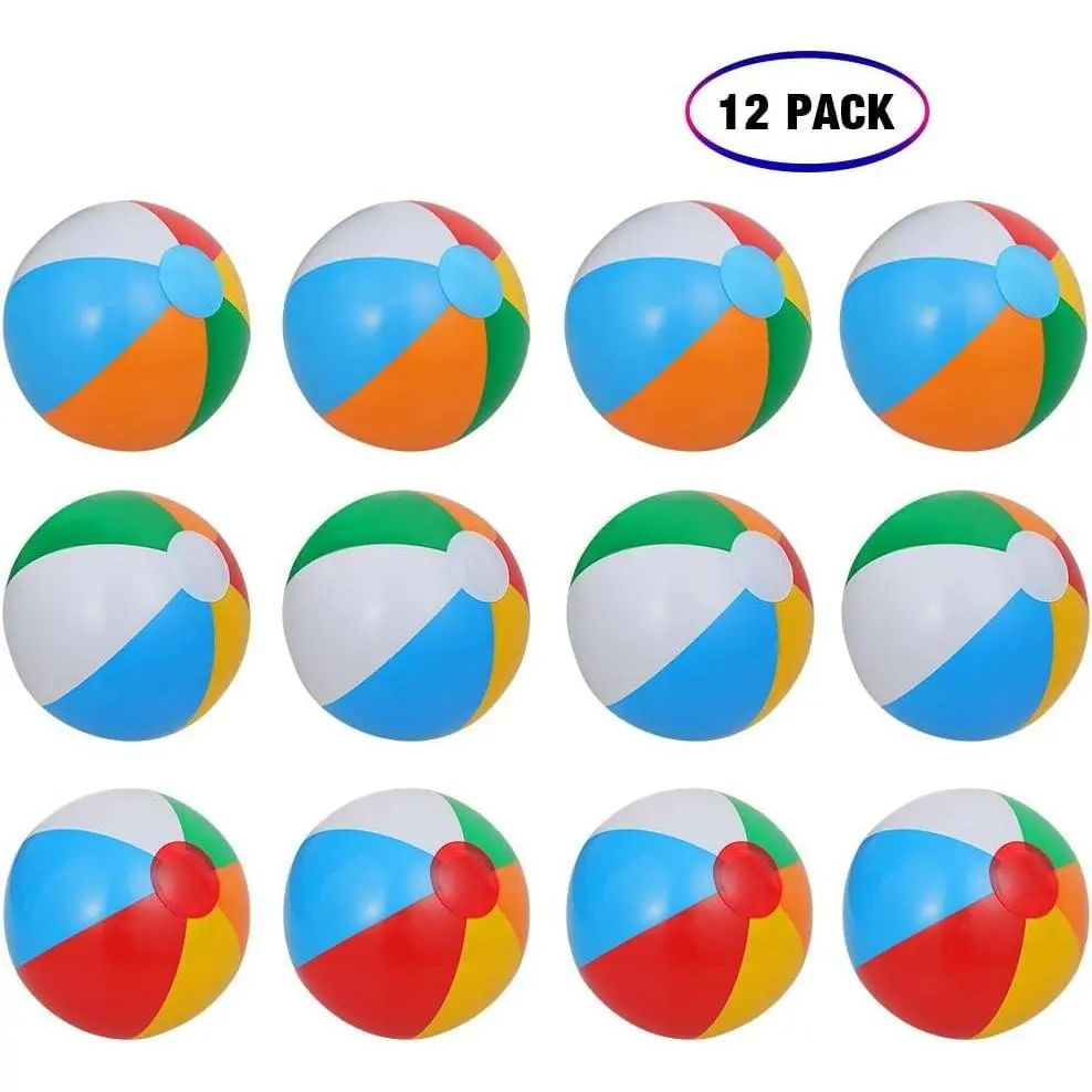 12 Pack Inflatable Beach Balls for Kids, 10 Inch Rainbow Pool Toys, Colorful Summer Water Fun for Indoor Outdoor Games and Exotic Theme Parties, Heavy Duty Non Toxic