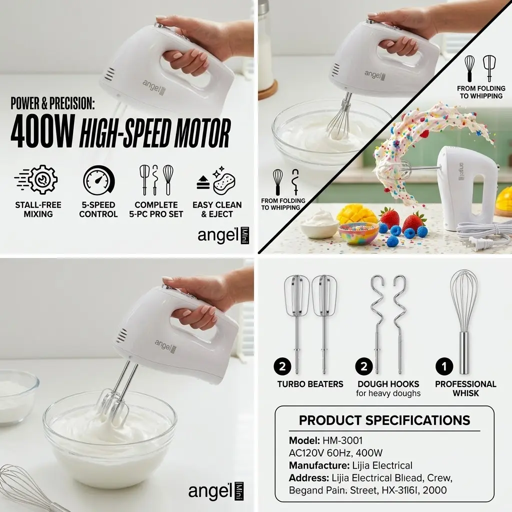 400W 5-Speed Handheld Electric Mixer, Compact Kitchen Hand Mixer with Beaters, Whisk & Heavy-Duty Dough Hooks for Mess-Free Mixing, Whipping & Kneading