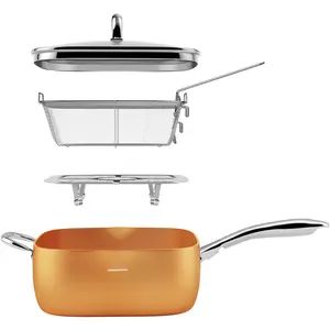 11-Inch Ceramic Nonstick Deep Square Frying Pan Set with Glass Lid, Stainless Steel Fry Basket & Steamer Rack, Induction Compatible, Oven &Dishwasher Safe, 4- Copper Pan Chef Cookware Set