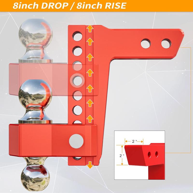 LOCAME Adjustable Trailer Hitch, Fits 2-Inch Receiver Only, 8-Inch Drop/Rise Aluminum Drop Hitch,12,500 LBS GTW-Tow Hitch for Heavy Duty Truck with Double Stainless Steel Locks, Red, LC0014