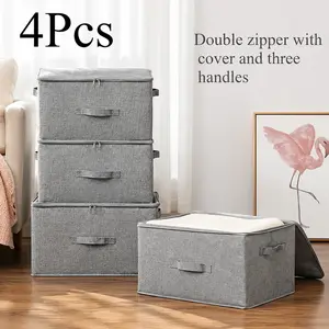 4pcs Extra Large Foldable Cationic Storage Box Waterproof Dual Zippers 3 Handles Bed Sheet Organizer For Wardrobe Bedroom Kitchen Multi-functional Books Storage Container
