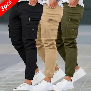 3 Pieces Men's Outdoor Casual Work Pants with Multi-Pockets Drawstring Waist Lightweight Breathable for Hiking Camping Casual Wear