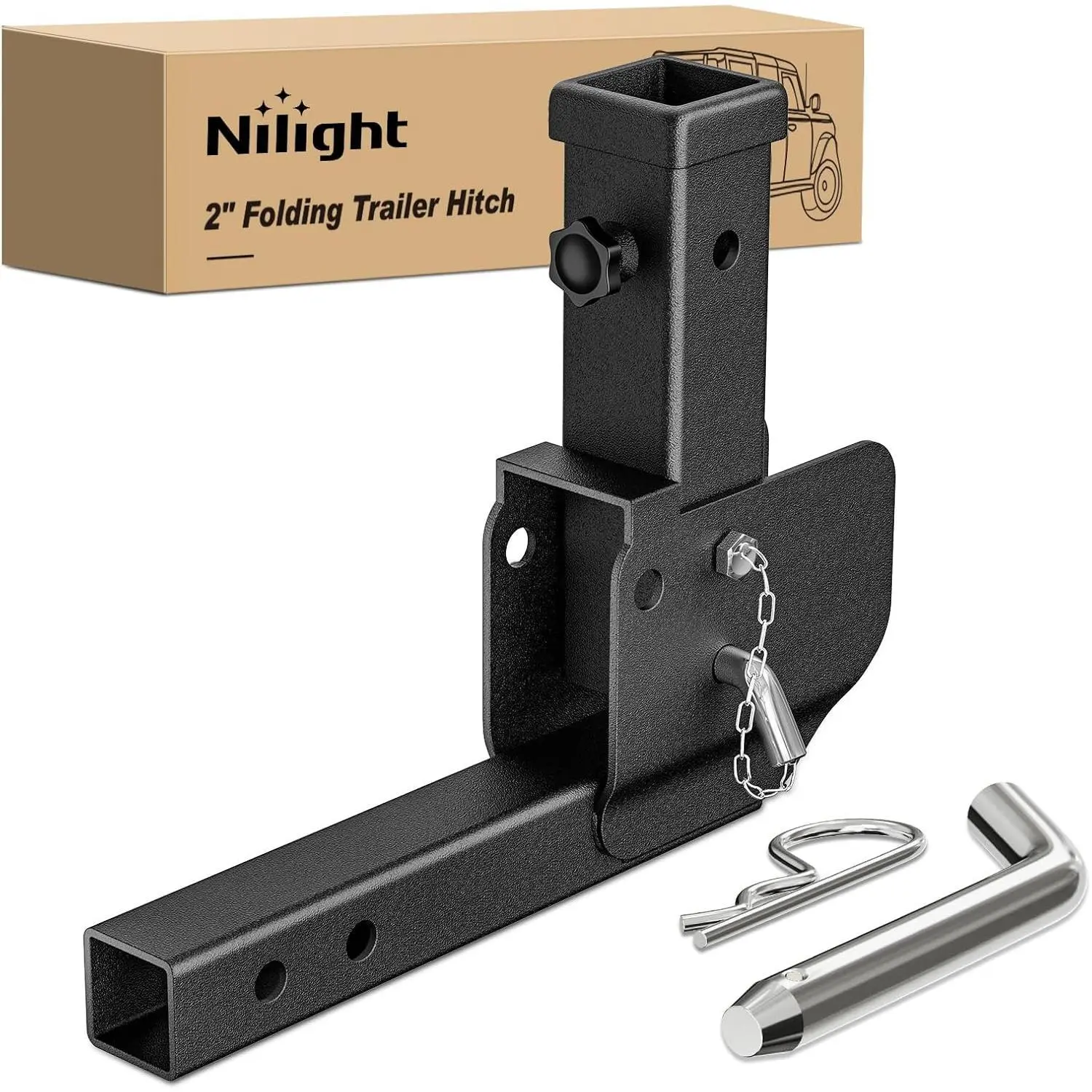 Folding Hitch Extender Mount - Black Powder-Coated Steel Adapter for 2x2 Receivers, 16.54in Shank with Adjustable Length & Drag, 500 lbs Capacity, Folded Storage, Durable, Functional, Steel Coated, Easy Installation for Outdoor Cargo Carriers, 16.54" Shan