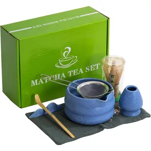 7Pcs Japanese Matcha Tea Set, Matcha Kit with Matcha Bowl (with Pouring Spout), Matcha Whisk, Whisk Holder, Strainer - Elegant Matcha Set for Gifting and Personal Use, Gift Box Packaging (blue)