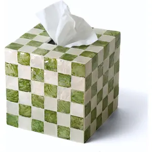5.7" Square Tissue Box Cover, Handmade Checkered Cube Tissue Box Cover with Capiz Shells, Decorative Tissue Holder for Living Room, Bathroom, Bedroom or Office (Pistachio Green)