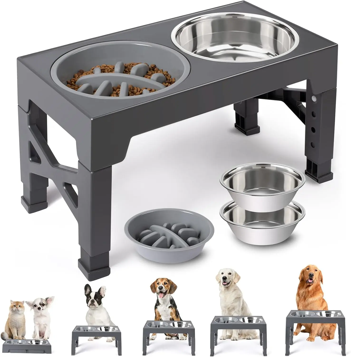 Elevated Dog Bowls - 5 Adjustable Heights Stand, 2 Stainless Steel Bowls & 1 Slow Feeder, 3.2" to 12.2" for Small to Large Dogs