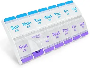 Push Button (7-Day) Pill Case, Medicine Planner, Daily Vitamin Organizer, 2 Times a Day AM/PM, X-Large Compartments, Arthritis Friendly, Easy to use, Clear Lids, Purple and Blue, BPA Free