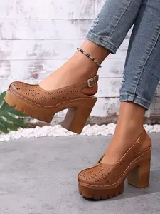 New European Style Hollow Out Floral Wedge Sandals, Women's Retro Thick Sole Backless Buckle High Heel Sandals, Fashionable Stylish Classy PU Leather Shoes, Wedge Platform Sandals