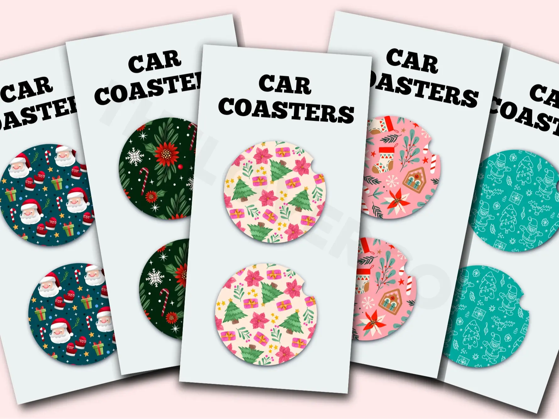 Christmas Holiday Pattern Cute Car Coasters, Set of 2, Cute Aesthetic Car Coasters, New Car Gift, Gifts for Her, Flower Coasters for Car, Car Gadgets and Accessories Girly Tableware Thick