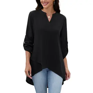 CICIBIRD Women's Basic V-Neck 3/4 Rolled Sleeve Polyester Chiffon Blouse - Asymmetrical, Tummy Control, Slimming, Soft, Breathable, Comfortable Fabric, Dressy Casual Elegant Lightweight Long Top for Work