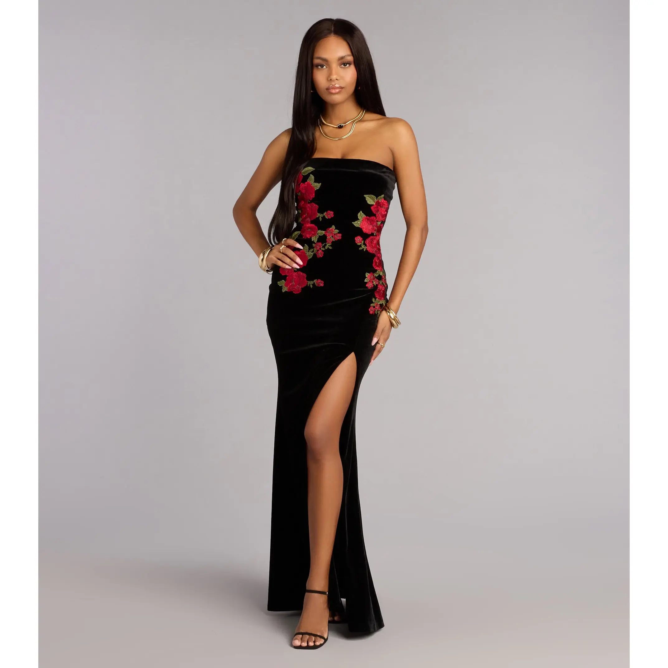 Naomi Velvet Rose Applique Formal Dress