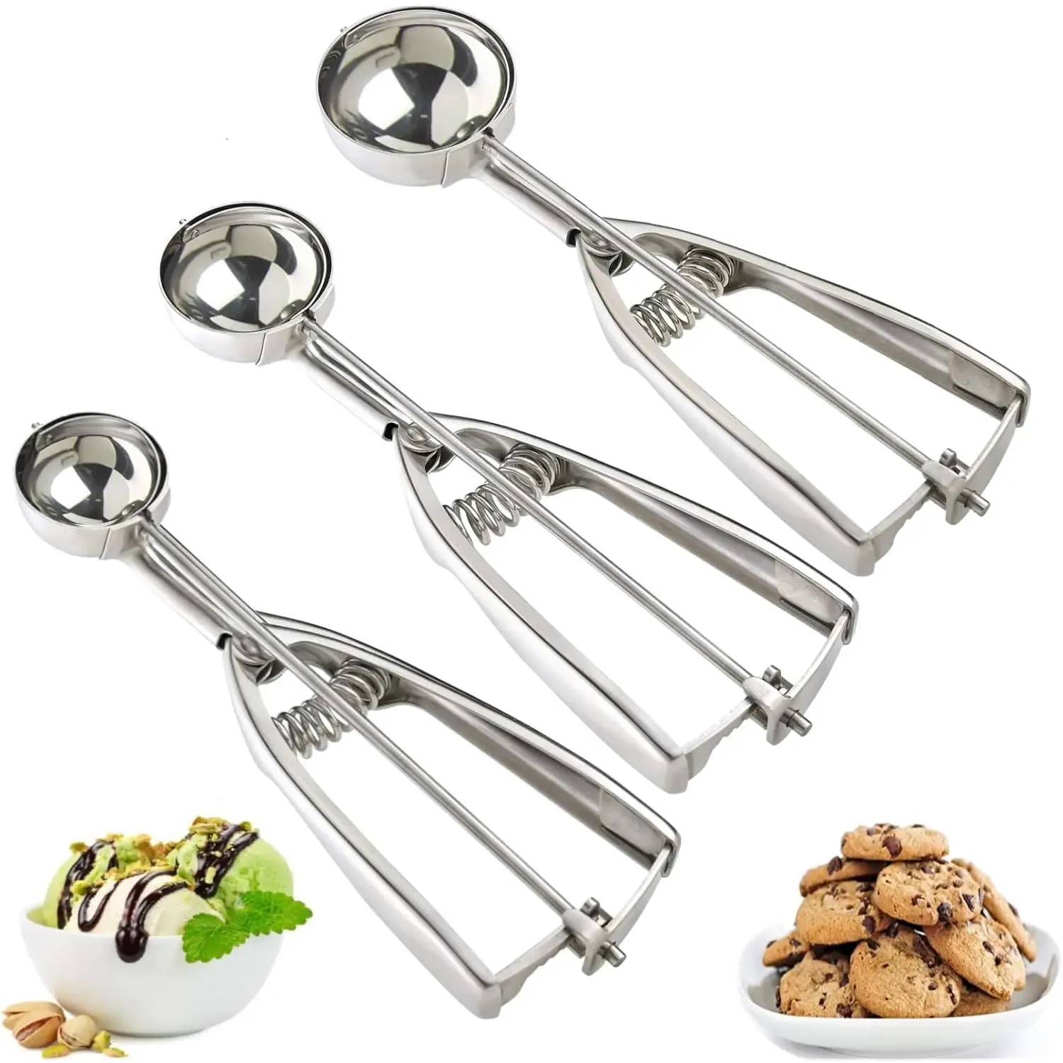 Ice Cream Scoop, 3 count Cookie Scoop Set, 18/8 Stainless Steel Cookie Dough Scoop, Cookie Scoops for Baking Set of 3, Ice Cream Scooper with Trigger Release, Cookie Scooper for Baking, Cupcake Scoop