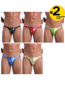 2/3/4 Pcs Random Color Men's Underwear Faux Leather Printed Thong, Sequin U-Pouch, Fashion & Breathable, For Party & Pool