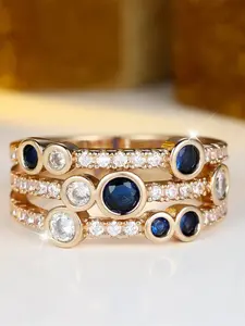 The three-layer synthetic crystal blue gemstone ring is a vintage-style golden engagement ring, suitable for wedding attire, versatile jewelry, and a perfect gift for brides, Stackable Ring