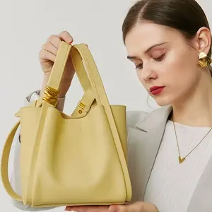 2025 New Women's Genuine Leather Tote Bag - Adjustable Crossbody & Shoulder Bag with Clasp Closure, Vibrant Yellow Classic Design for Daily Use,