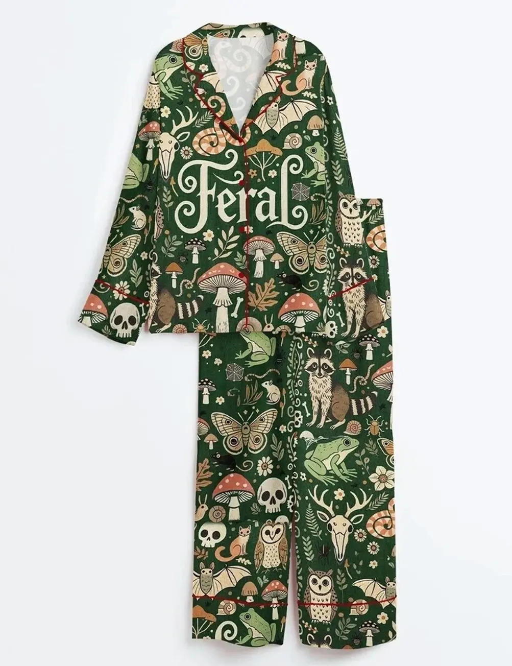 Women’s Feral Goblincore Satin Pajama Set,Cute Skeleton Raccoon Nature Sleepwear