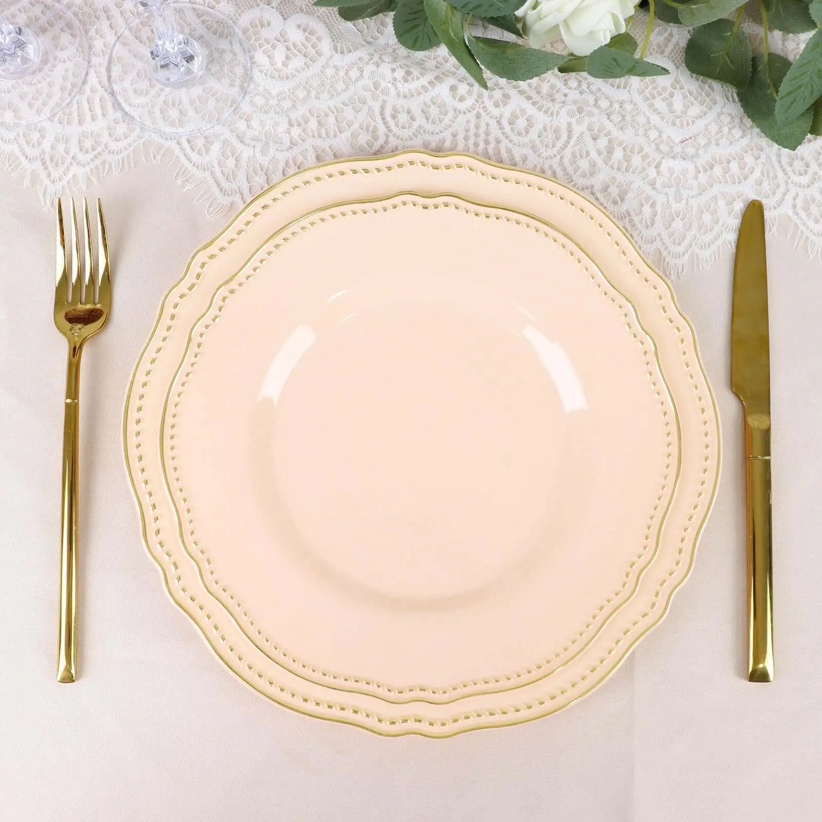 10-Pack Disposable Plastic Dinner Plates, 9 inches Nude with Gold Scalloped Rim - Disposable Dinnerware for Wedding, Baby Shower Festival Party Tableware