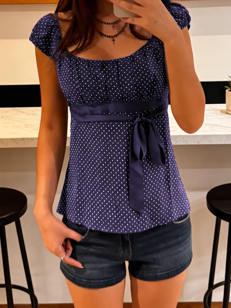 Polka Dot Square Neck Tie Top, French Vintage Style Slim Fit, Perfect for Daily and Dates, Women's Fashion
