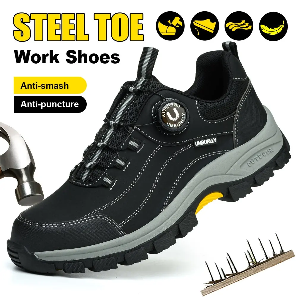Men's Worker Safety Shoes, Impact-Resistant Steel Toe Cap & Kevlar Puncture Protection, Closed Toe Footwear with Non-Slip Sole & Button Closure