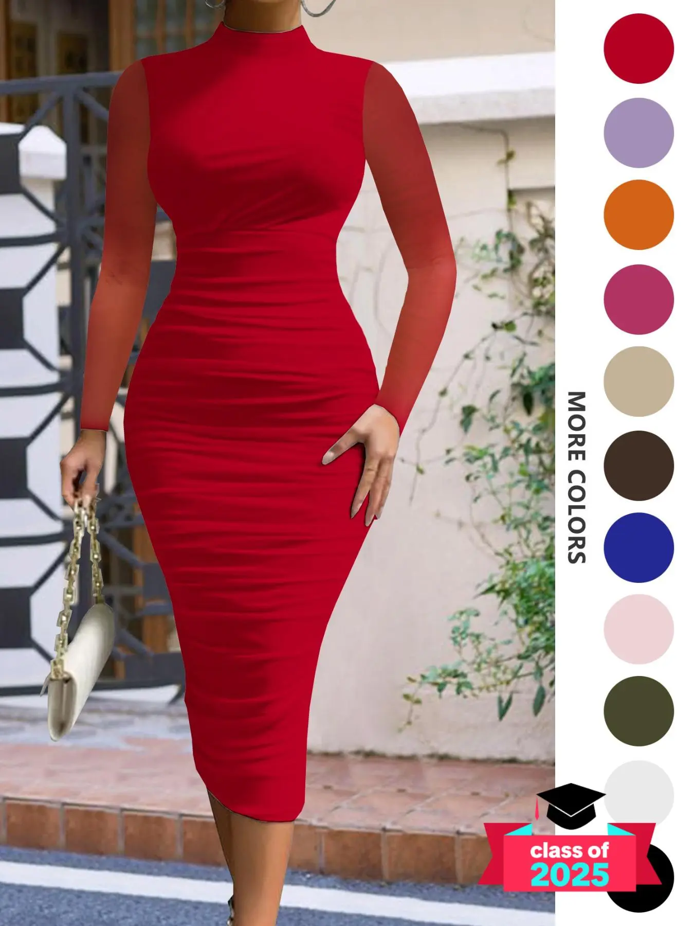 Women's Plain Ruched Mock Neck Bodycon Dress, Chic Elegant Long Sleeve Mesh Midi Dress for Party Women's Plain Ruched Mock Neck Bodycon Dress, Chic Elegant Long Sleeve Mesh Midi Dress for Party
