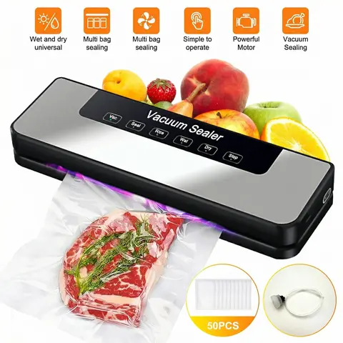 Corded Vacuum Sealer Kit (38x17x8 cm, 65kPa) - Compact ABS Plastic Corded Device with 50 Bags, 1 External Vacuum Hose, Dual Dry/Wet Modes, 6-in-1 Design, Easy Storage, Sous Vide Compatible, 5x Food Freshness Extension, 110V Plug, Ideal for Home Kitchens