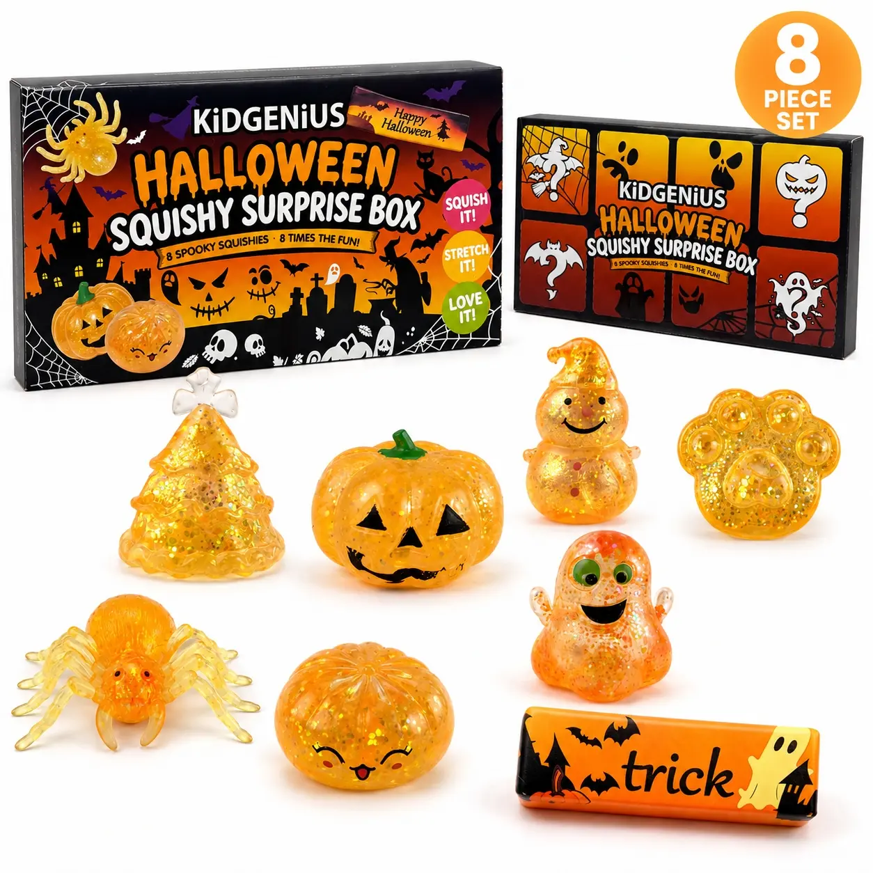 KidGenius Halloween Squishy Surprise Box - 8 Pcs Glitter Stretchy Sensory Squeeze Toys, Pumpkin Ghost Spider Fidget Stress Toys, Halloween Party Favor Trick Or Treat Gift For Kids