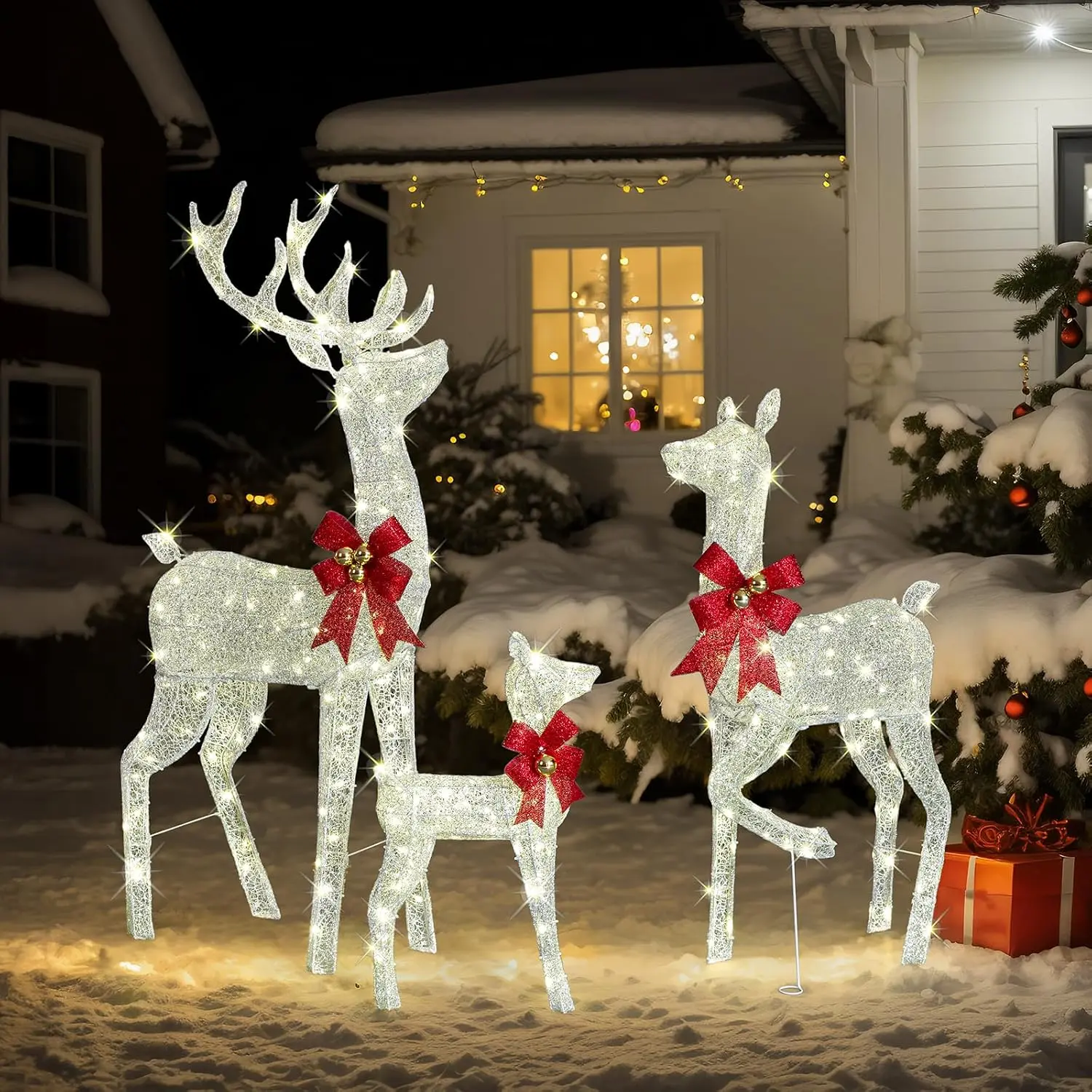 5FT Silver Prelit Christmas Reindeer Family Set (3-Piece), 290 Warm White LEDs, Outdoor Yard Decor for Lawn, Garden, Prelit Leds