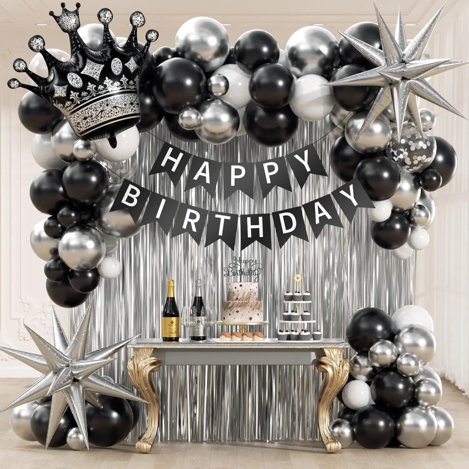 Black Birthday Decorations for Men with White Black and Silver Balloons Banner Metallic Silver Fringe Curtain for 21St 25Th 27Th 30Th 35Th 40Th 50Th 60Th Men Birthday Decorations Vicduotex