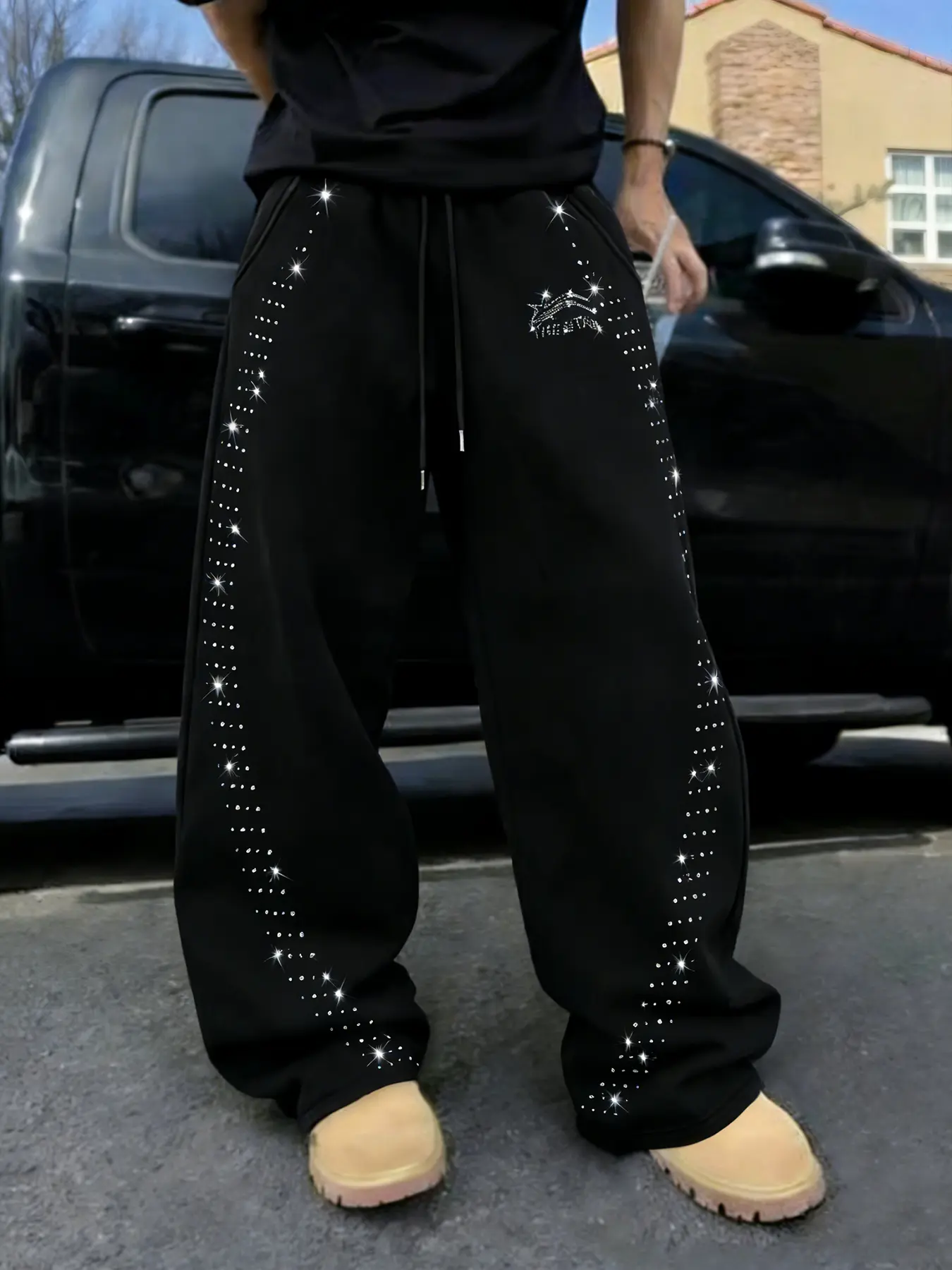 TikMen Trendy Rhinestone Basic Sporty Sweatpants, Casual Sportswear Pants, Athleisure Bottoms, Athleisure Design, Starry Decor, Loose Straight Fit, Elastic Waist, Durable Fabric, Ideal for Skateboarding