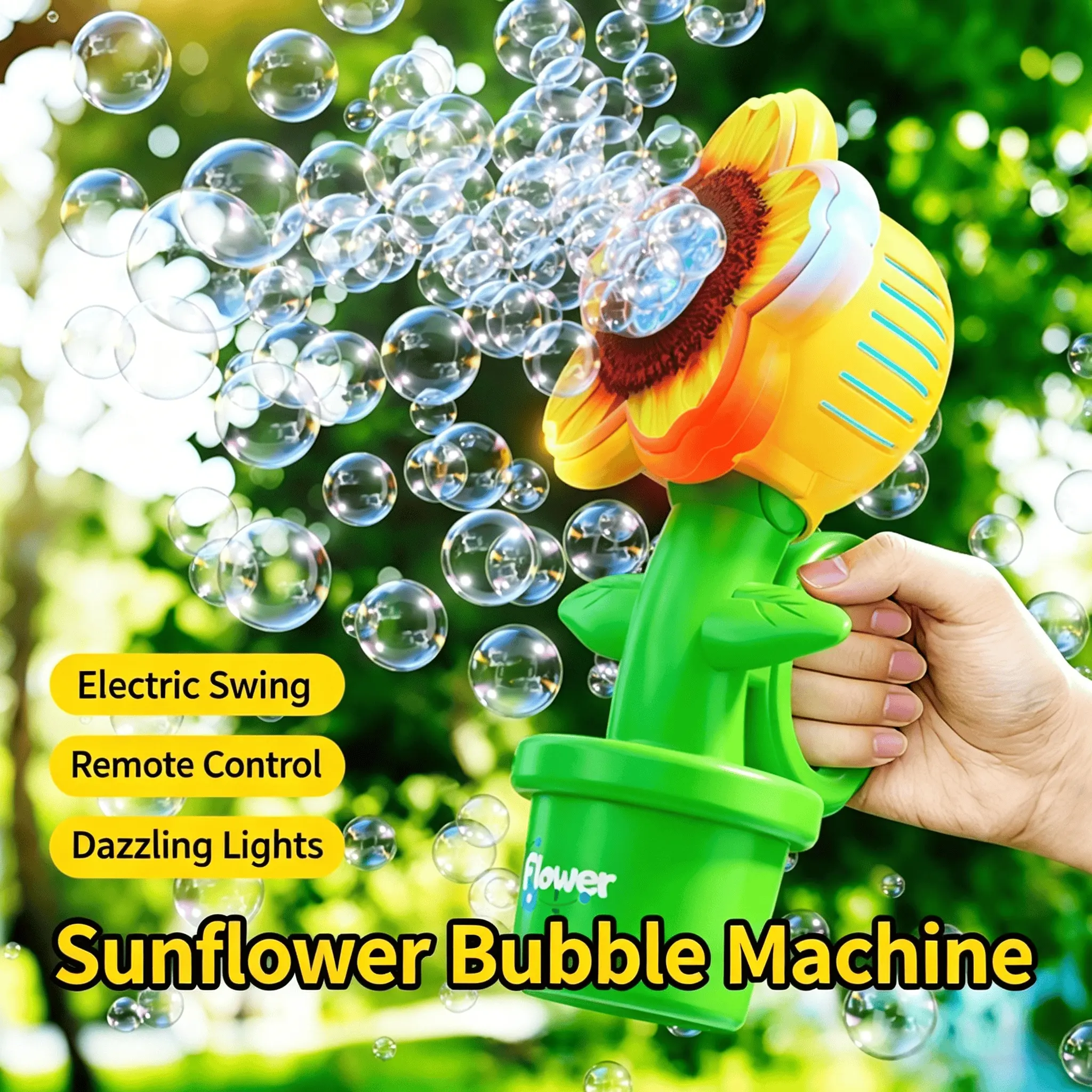 Children's Electric Handheld Sunflower Light Bubble Machine, Remote Control, Adjustable Height, Portable Rechargeable, Ideal for Gardens, Weddings, Outdoor Parties, Multifunction Bubble Maker