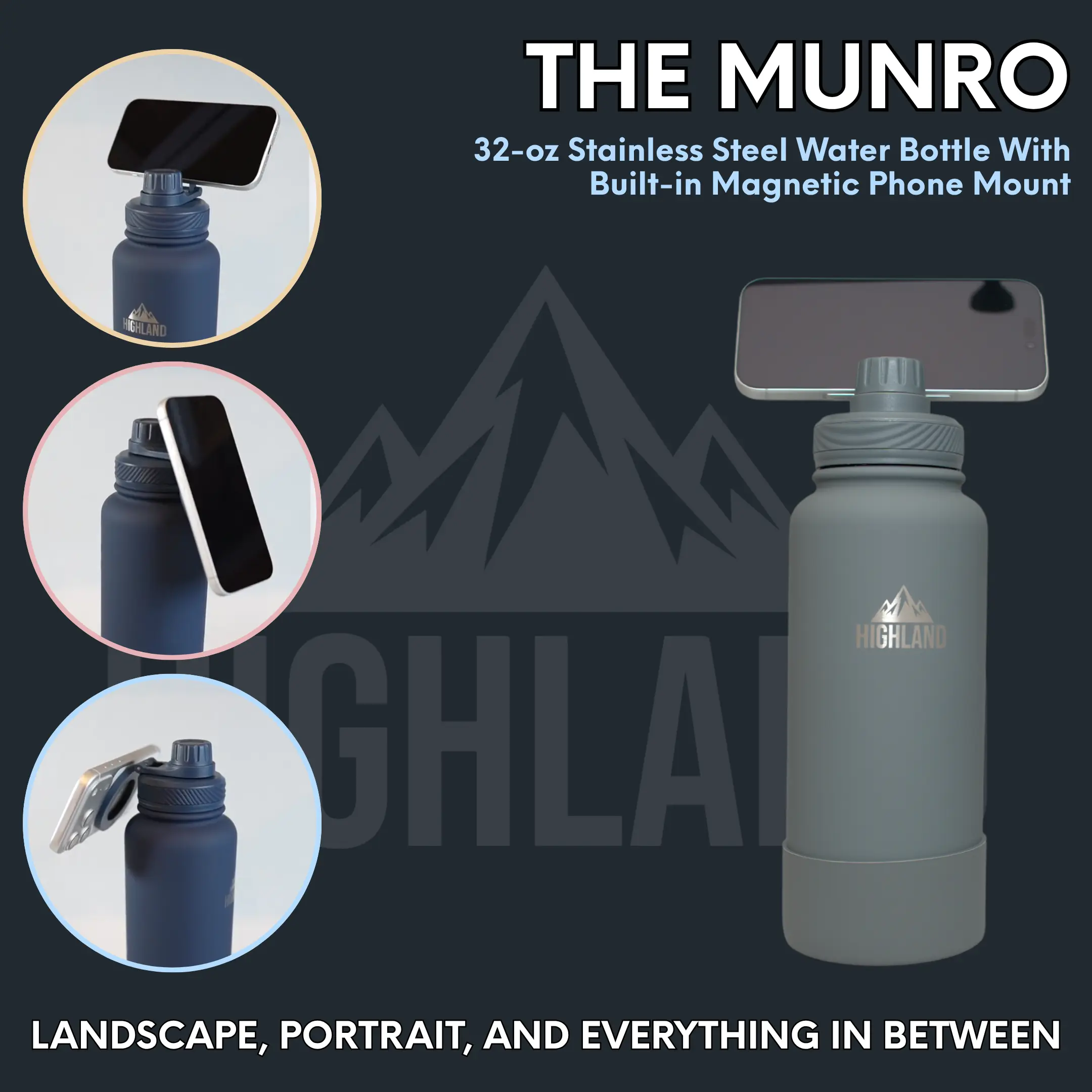 Munro By Highland - 32 oz Stainless Steel Water Bottle with Magnetic Phone Mount Lid, Rubber Boot & Universal Phone Adapter Strip