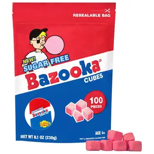 Bazooka Bubble Gum SugarFree Chewing Gum Cubes, Bulk in Resealable Bag, 100 Ct in Original Pink Flavor w/ Bazooka Joe Comics, Baseball Party Favors, Nostalgic 90s Candy