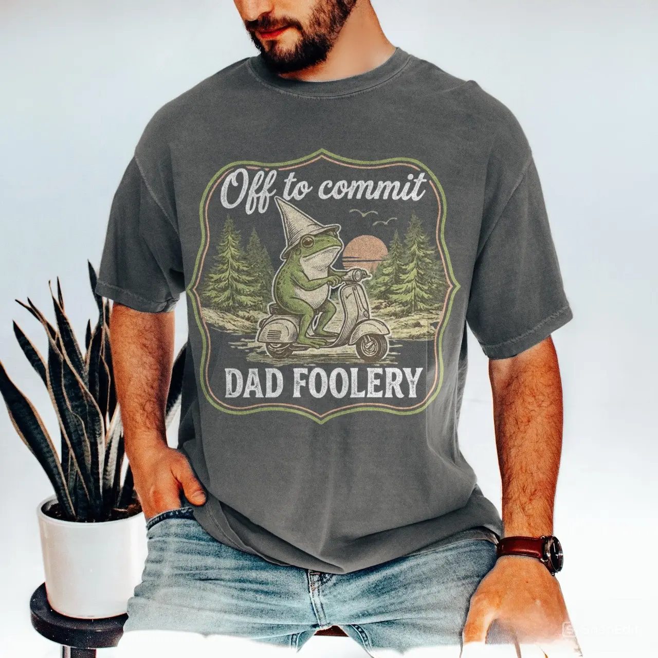 Comfort Colors Off To Commit Dad Foolery Frog T-Shirt, Funny Dad Graphic Tee, Retro Frog Scooter Shirt, Father’s Day Gift For Dad, Vintage Humor Tee