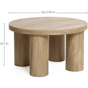 LuxenHome Round Coffee Table with 4 Pillar Legs, 27.5'' Wide Accent Center Table, Modern Farmhouse Oak Finish Wooden Low Cocktail Tea End Table with Sturdy Base for Living Room Home Office