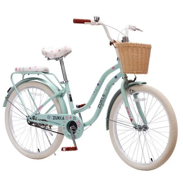 Girls' 24-Inch Princess-Style Cruiser Bike - Single-Speed City Bike with Wicker Basket, Rear Rack, High Carbon Steel Frame, Brown Leather-Look Comfort Saddle for Daily Commuting, Outdoor Riding