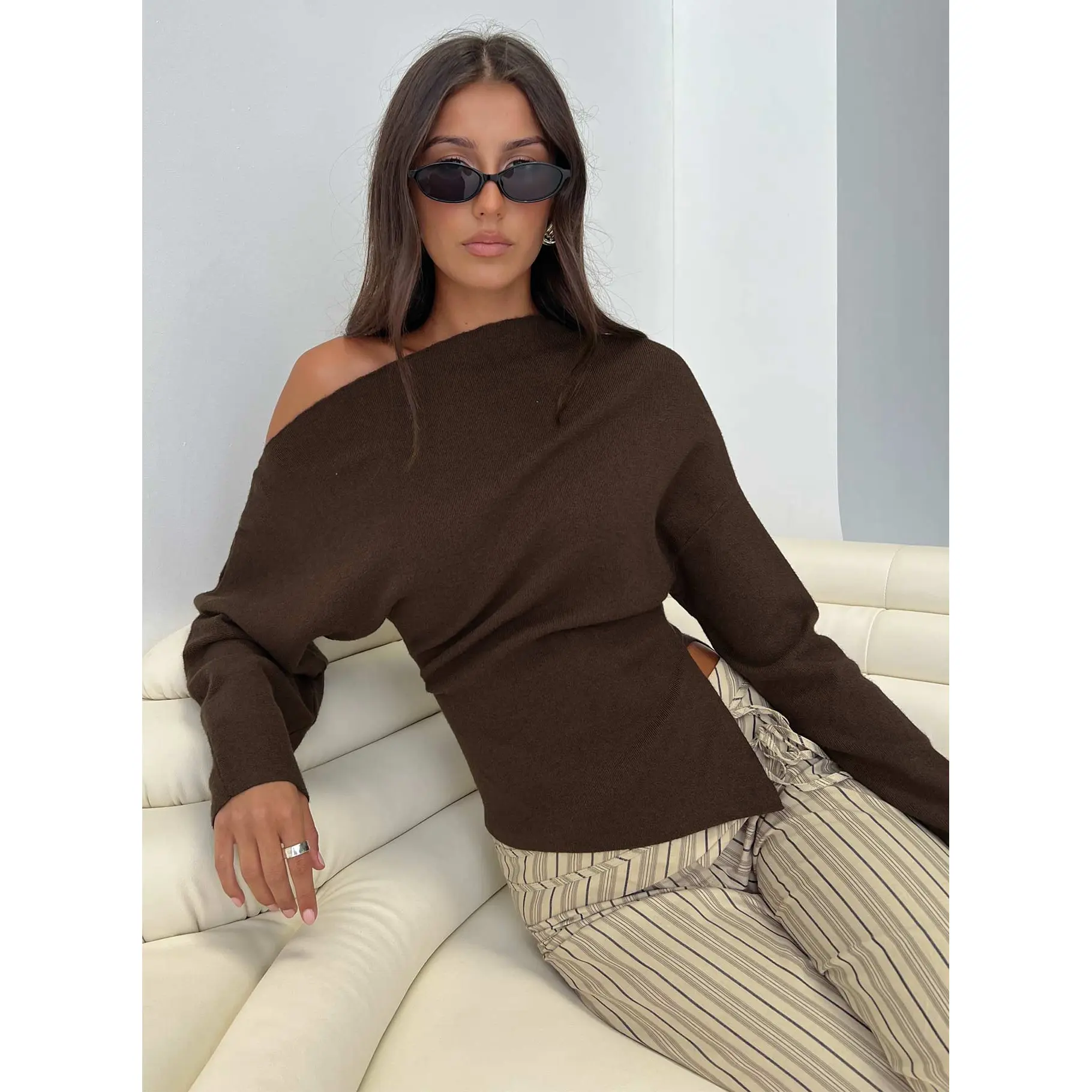 Kaelith Off Shoulder Knit Sweater Brown