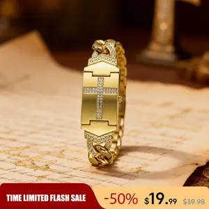 Elegant Gold Cuban Chain Watch – Sparkling Crystal Cross Embellishment, Geometric Rectangular Dial, Premium Metal Bracelet Timepiece, Perfect for Daily Elegance & Gifting