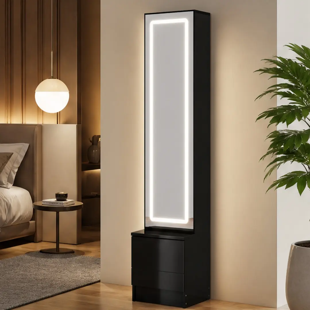 63in Arch LED Lighted Dressing Mirror Cabinet - Black MDF Cupboard, Stand-Alone Vanity, Adjustable Brightness 3 Color Modes, Full-Length Mirror, Multi-Layer Storage Shelves, Switch, Easy Installation, Minimalist Makeup Storage Organizer for Bedroom, Black