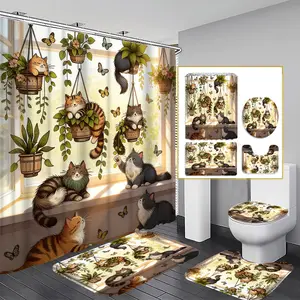 1pc/3pcs/4pcs - Plant & Cat Print Shower Curtain Set, Bathroom Mat 3pcs + Curtains 1pc, Home Decor, Bathroom Accessory, Easy to Clean, Polyester Material, Includes 12 Hooks