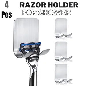 4Pcs Razor Holder, Shaver Hook Hanger, Multipurpose Self Adhesive Double Hooks, Silver Black Stainless Steel Shower Hooks, For Bathroom and Kitchen Storage, Includes Loofah, Towel, Plug, Clothes