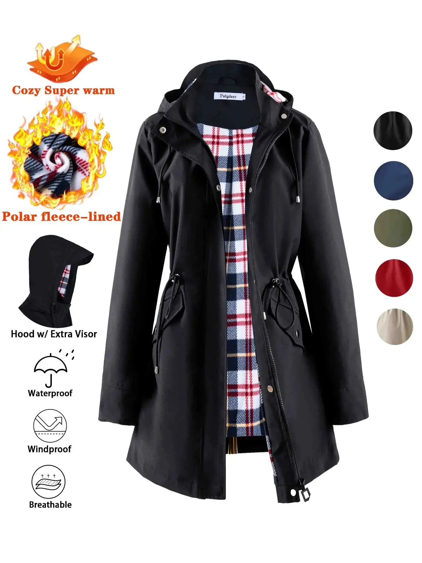 Women's Waterproof Fitted Rain Coat Jackets with Long Sleeves and Soft Fleece Lining, Warm Winter Outerwear for Cold Weather, Stylish Check-Lined Design, Ideal for Everyday Use