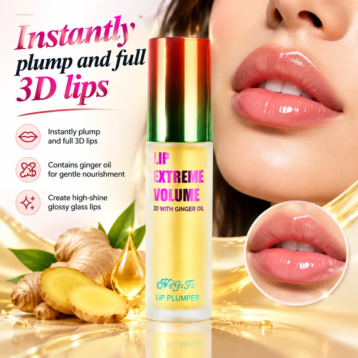3-in-1 Glossy Lip Glaze Elixir Cosmetic - Natural Ginger Lip Care Serum with Long-Lasting Moisture, Hydrating Boost and Instant Volumizing Essence Oil