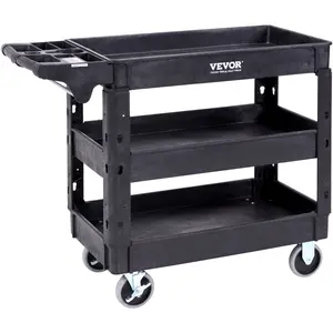 VEVOR Utility Service Cart,  3 Shelf 550LBS Heavy Duty Plastic Rolling Utility Cart with 360° Swivel Wheels (2 with Brakes), Medium Lipped Shelf, Ergonomic Storage Handle for Warehouse/Garage/Cleaning