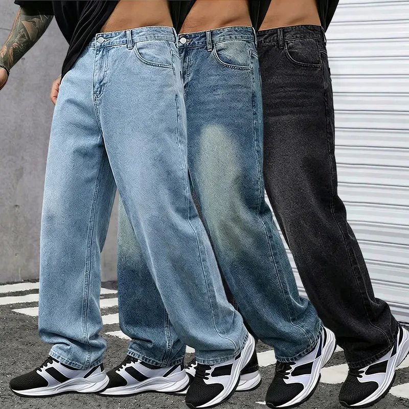 Men’s loose wide-leg retro denim jeans, casual straight-cut long pants, American street-style trendy dad jeans, washed and durable for all seasons, versatile everyday wear for commuting men bootcut, Trouser, Menswear