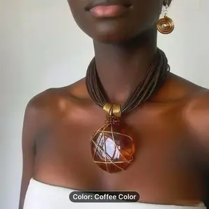 Mid-Cuban Bohemian Exaggerated Handmade Aluminum Wire African Multi-Layer Necklace and Earring Set in Coffee Color