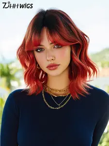 Short Wavy Ombre Red Wigs for Women 14 Inch Shoulder Length Bob Curly Wavy Middle Part Wigs with Dark Roots, Natural Synthetic Heat-resistant Fiber Hair for Daily Cosplay Party Use Wavy Synthetic Hairpiece