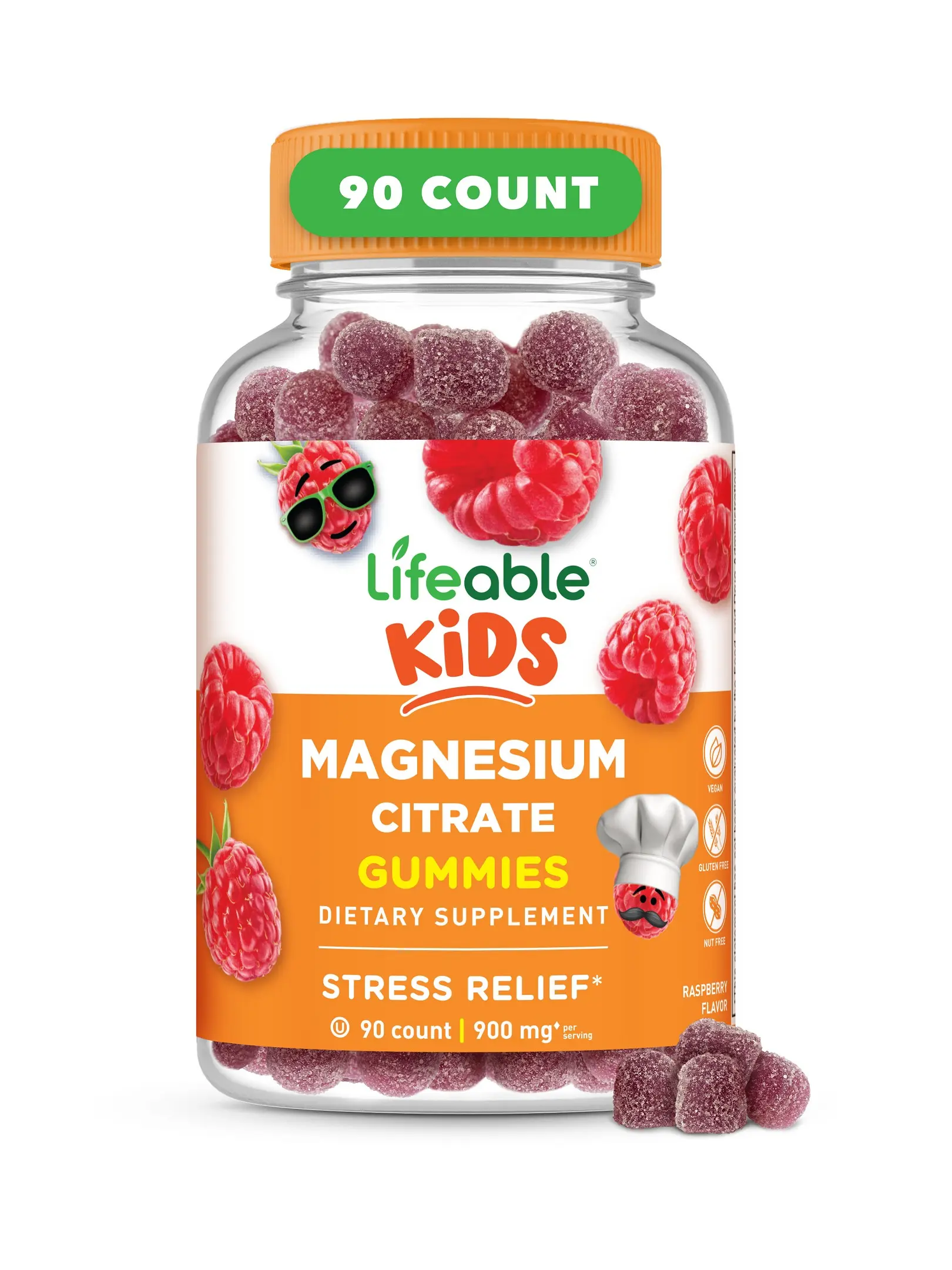 Lifeable Kids Natural Kosher Halal Gluten-Free Magnesium Citrate Chewable Vitamin Gummies - 900mg, 90 Count, Strawberry Flavor, Children's Brain Health & Energy Boost Supplement, Boxed, Natural Ingredients