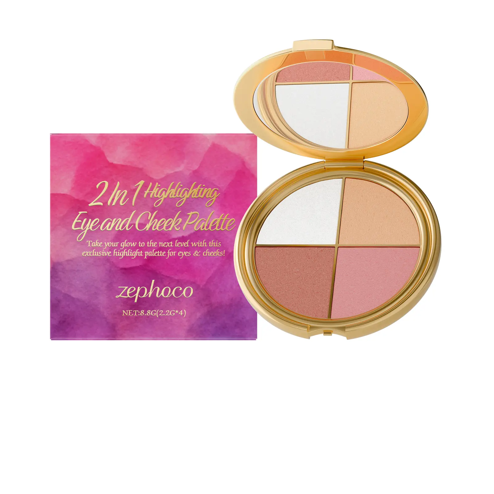 4-Color Eyeshadow and Highlighter Palette, Flawless Finish Brightening Powder for a Lustrous Appearance, Multi-Use Beauty Product for Eyes and Cheeks, 8.8g, Cosmetic, Brush, Beauty Products, Youth, 1, 2-Hexanediol, Multi-Use Palette, Storage, Includes Mic