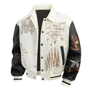 Men’s embroidered varsity jacket, black and white leather sleeve bomber jacket, casual streetwear button-up jacket for fall and spring